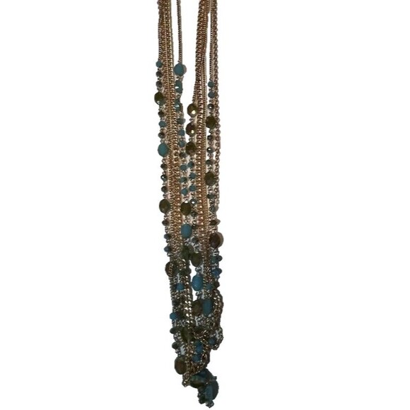 Tropicalcore Boho Chic 5 Gold/Light Blue Beaded Strands 17" Long Necklace - Picture 3 of 4